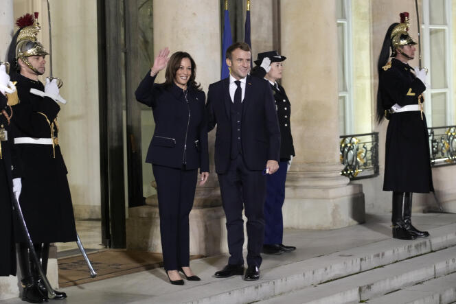 Kamala Harris and Emmanuel Macron on the steps of the Elysée Palace, November 10, 2021.