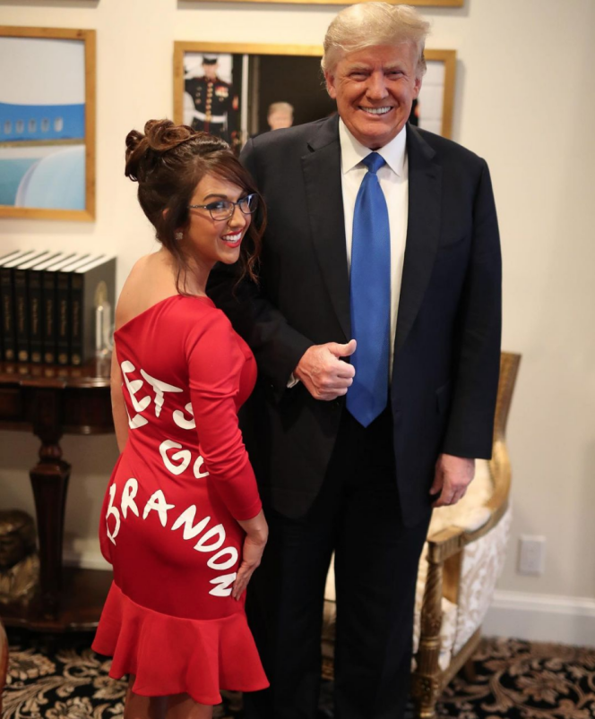MP Lauren Boebert wears a dress with the message “Let's go Brandon” during her meeting with Donald Trump, in Mar-a-Lago, Florida, on November 4, 2021.
