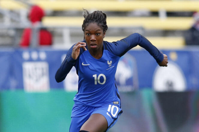 Footballer Aminata Diallo playing for the French team during a match against England, in March 2018.