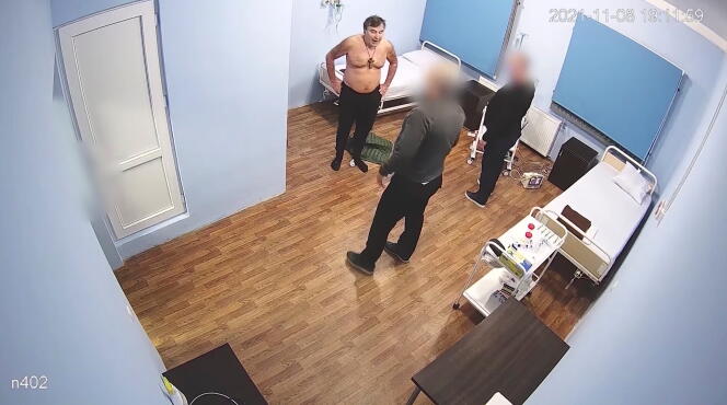 Former Georgian President Mikheil Saakashvili in a screenshot of a video broadcast by the Special Prison Service on November 11, 2021. He is imprisoned in a hospital prison in Tbilisi.