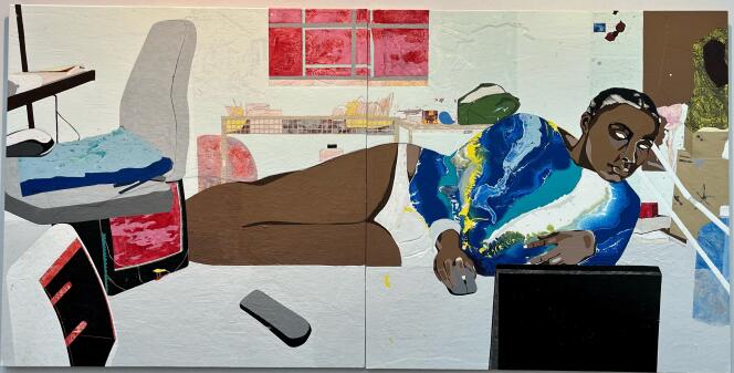 “Hikikomori 9”, acrylic on plywood (122 x 244 cm), Ymane Chabi Gara, 2021.