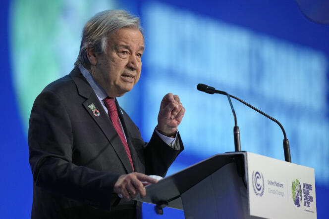 UN Secretary General Antonio Guterres speaks on the eleventh day of COP26, November 11, 2021, in Glasgow.