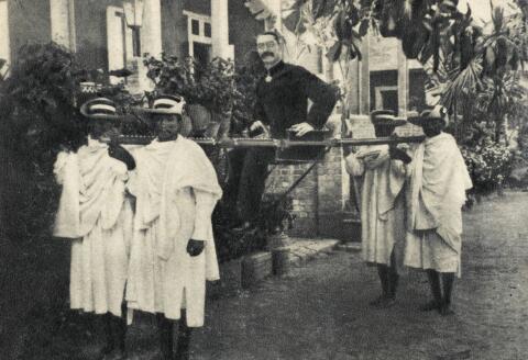 JOSEPH SIMON GALLIENI - French colonial administrator (here carried by Madagascans who loved him) who won legendary fame with 'les taxis de la Marne' in 1914 : photo 1899. (1849 - 1916)