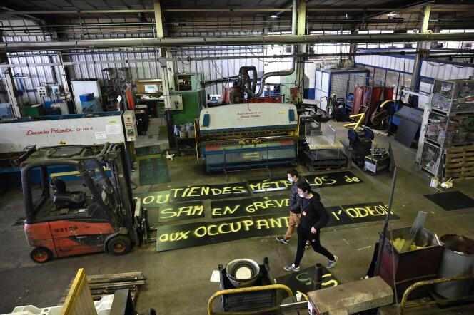 Lors d’une grève des employés de la Société aveyronnaise de métallurgie en grève, à Viviez, le 10 mars 2021.