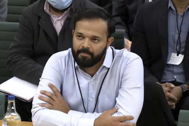 L’ancien joueur de cricket Azeem Rafiq témoigne lors d’une audition parlementaire sur la gouvernance du sport, à Londres, le 16 novembre 2021.