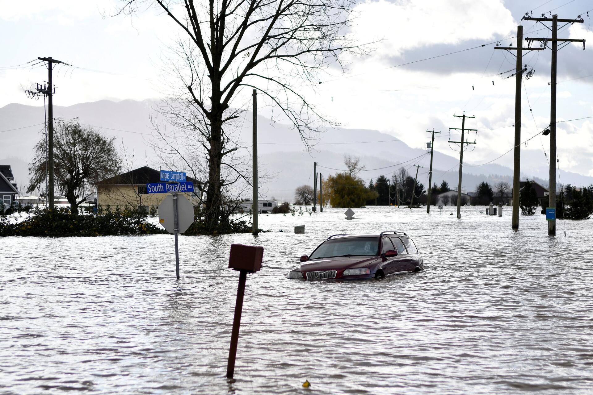 South Parallel Road is submerged in flood water in Abbotsford, British Columbia on November 16, 2021.