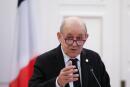 French Foreign Minister Jean-Yves Le Drian attends a news conference following his meeting with Greek Foreign Minister Nikos Dendias at the Ministry of Foreign Affairs in Athens, Greece, November 19, 2021. REUTERS/Costas Baltas