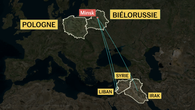 Principales liaisons aériennes empruntées par les migrants présents à la frontière biélorusse à l’automne 2021.