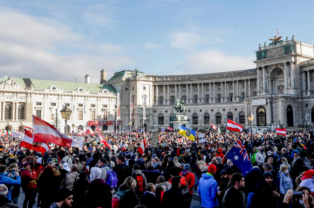 Thousands of people protest against compulsory vaccination and the confinement decreed by the Austrian conservative government, in Vienna, Saturday, November 20, 2021.