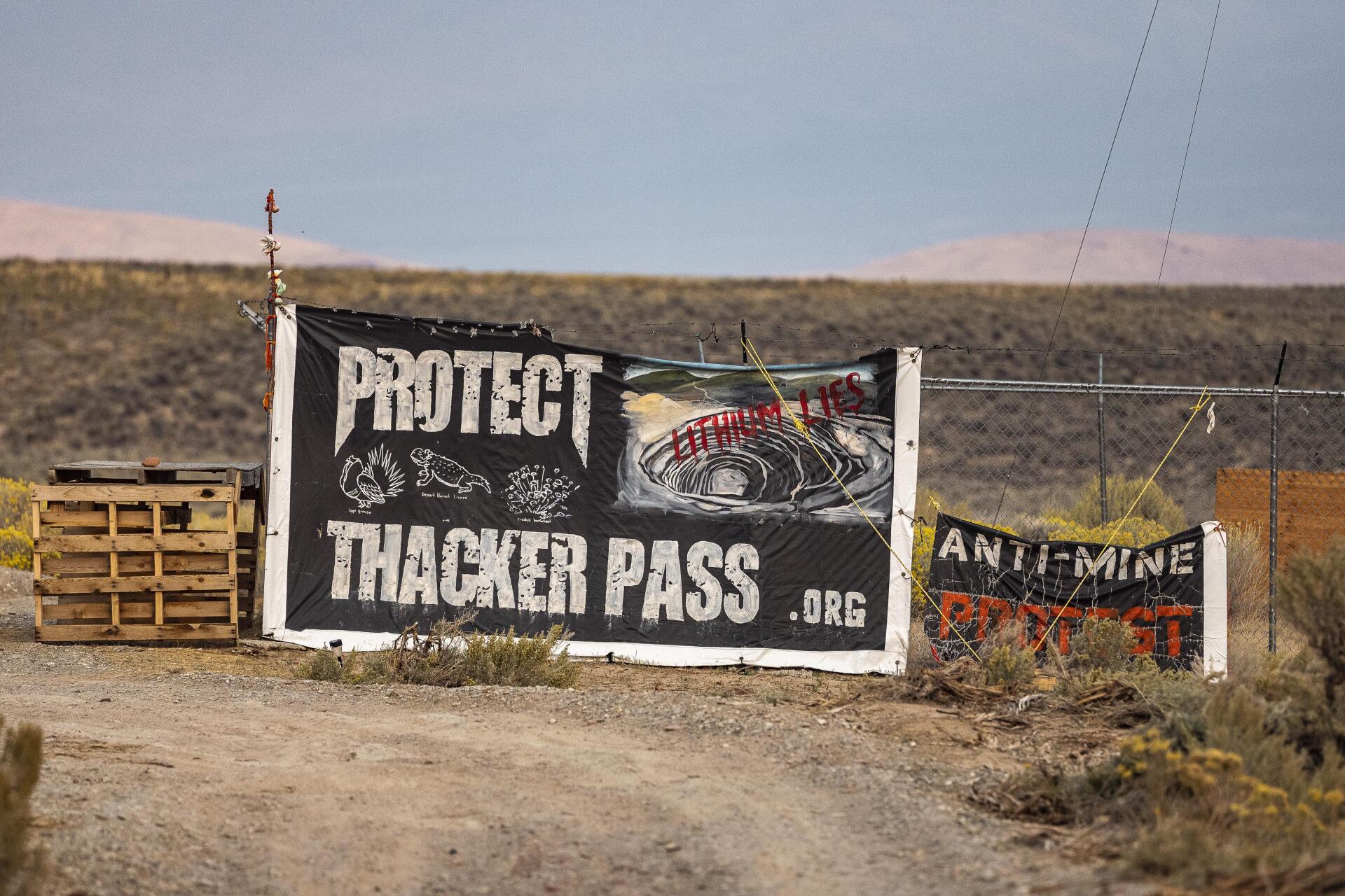 Placards from activists opposing the lithium mine project in Thacker Pass, Nevada, October 5, 2021.
