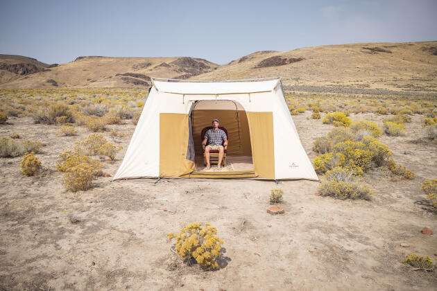 Max Wilbert is an activist opposed to the lithium mine project.  He is camping on the Bureau of Land Management (BLM) grounds in the Thacker Pass caldera (Nevada) on October 4, 2021.