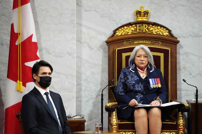 Governor General Mary Simon delivers the Speech from the Throne with Canadian Prime Minister Justin Trudeau in Ottawa on November 23, 2021.