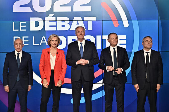 Les Republicains party's candidates for the 2022 French presidential election Eric Ciotti , Valerie Pecresse, Michel Barnier, Philippe Juvin and Xavier Bertrand arrive prior a televised debate at BFMTV in Paris, France on November 14, 2021. The right-wing party will chose its candidate for the 2022 French presidential election during a LR congress on December 4. Photo by Eliot Blondet/ABC/Andia.fr