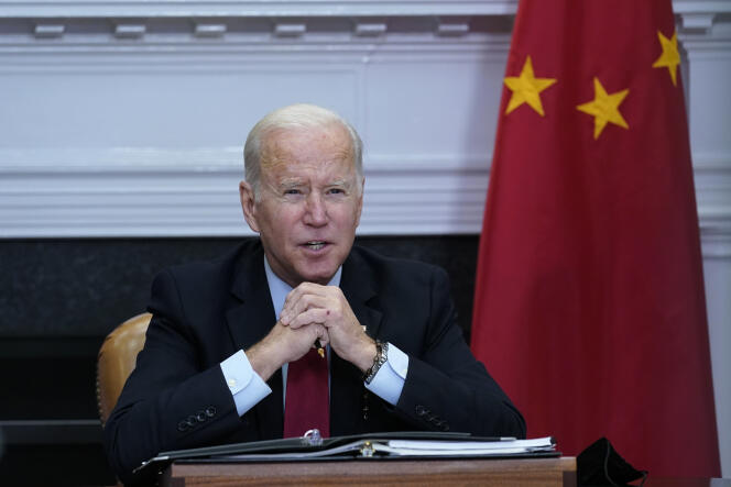 Joe Biden speaks virtually with his Chinese counterpart Xi Jinping from the White House in Washington on November 15, 2021.