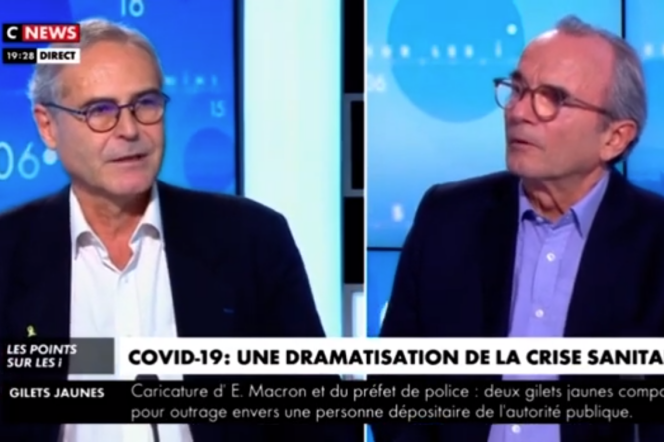 Christian Perronne (à gauche), face au journaliste Ivan Rioufol, sur la chaîne CNews, a bénéficié d’une tribune d’une vingtaine de minutes, dimanche 21 novembre.