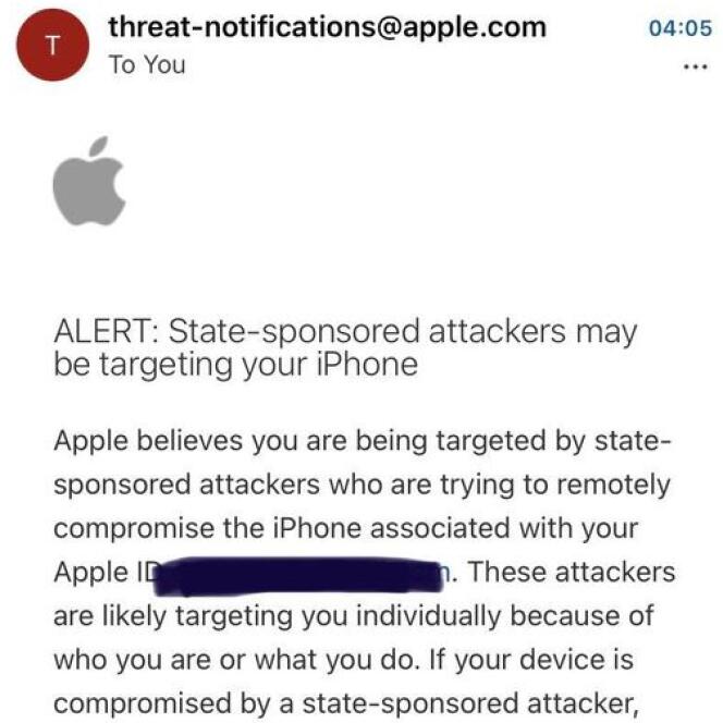 Exemple de notification envoyée par Apple à une victime présumée de Pegasus.