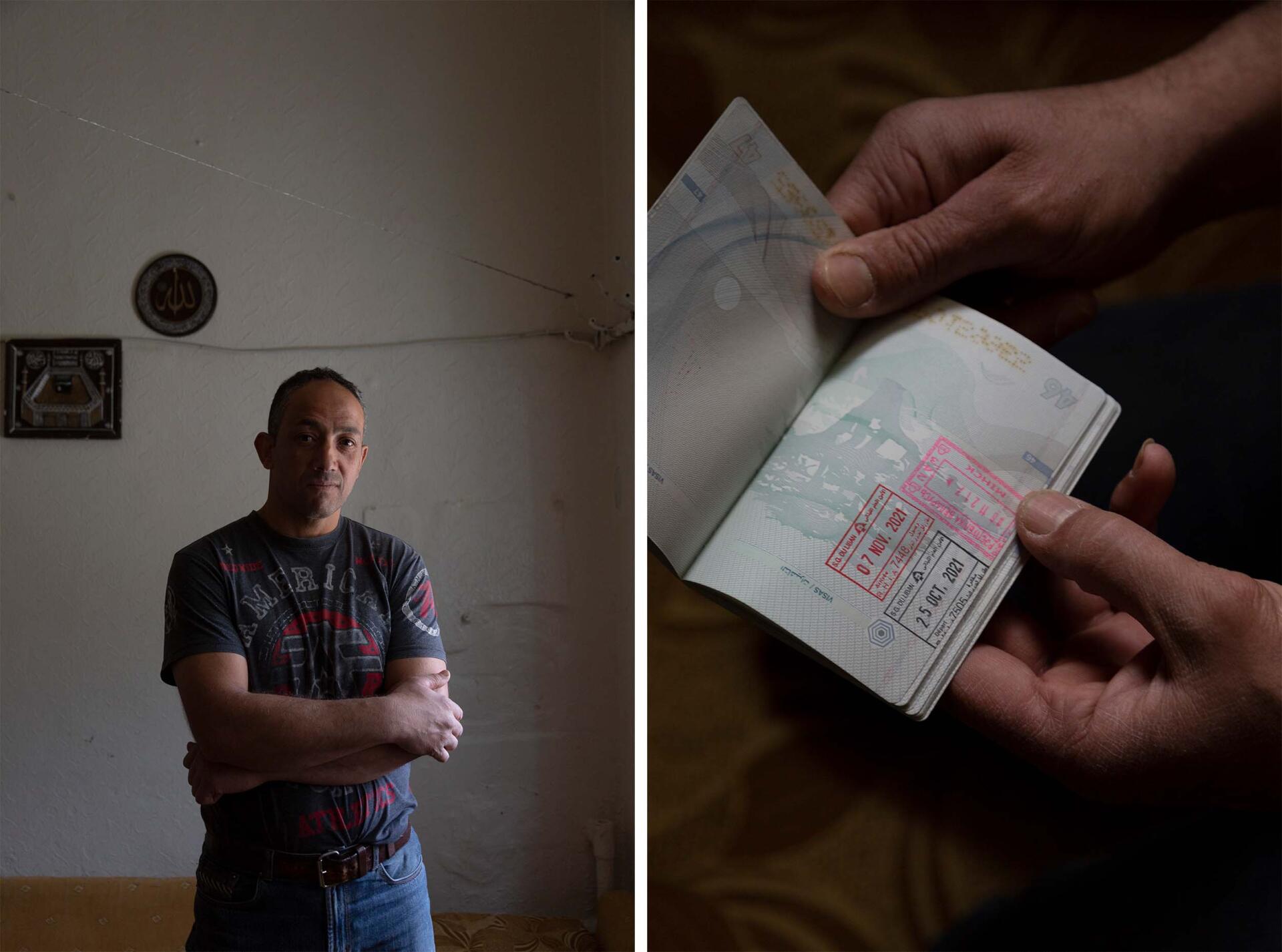 Amer, a Palestinian, shows the stamps on his refugee travel document in the living room of his small apartment in Al-Jalil camp, at the entrance to Baalbek, eastern Lebanon, November 19, 2021.