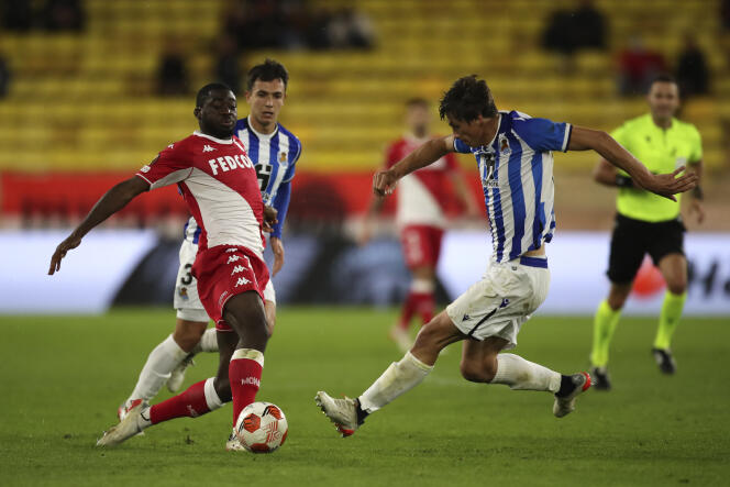 Monaco player Youssouf Fofana, on the left, scorer of a decisive goal in the Europa League against Real Sociedad, at the Louis II stadium in Monaco, on November 25, 2021.