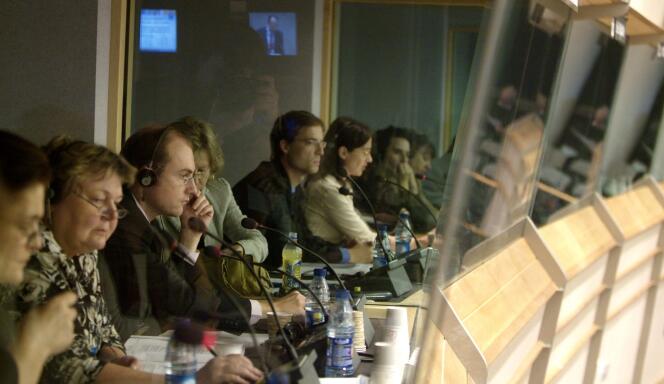 Translators translate the sessions of the European Parliament in Brussels.