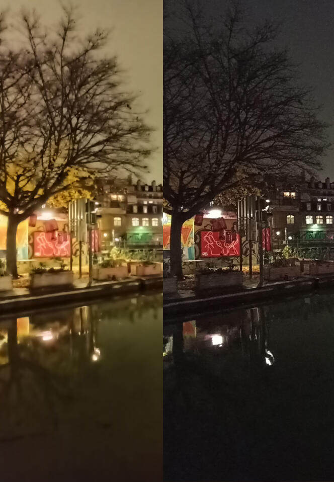 On the right, the ultra wide angle of the Samsung captures much cleaner night images than that of the Realme (on the left).