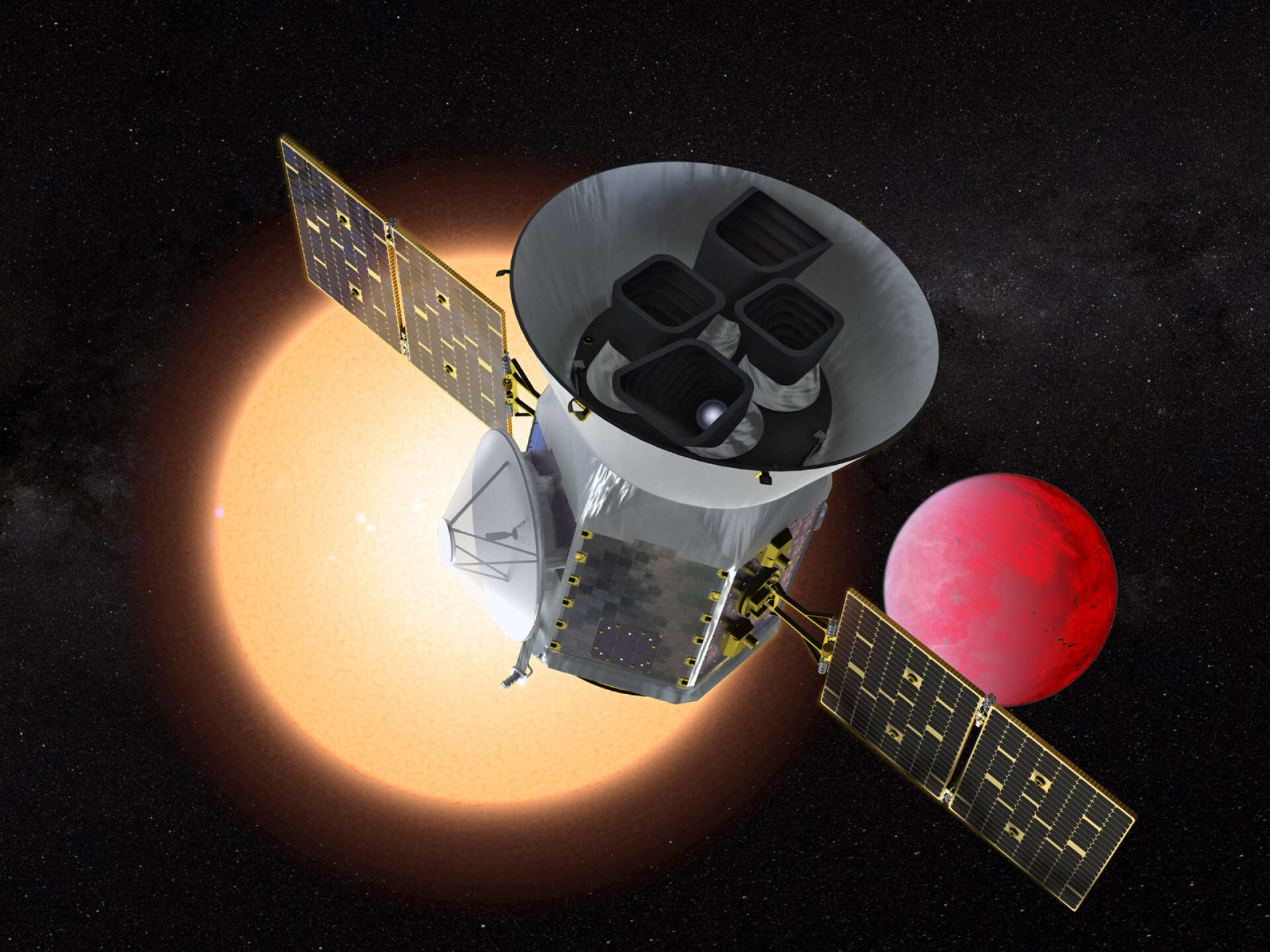 Illustration du Transiting Exoplanet Survey Satellite (TESS) devant une planète de lave en orbite autour de son étoile hôte. TESS identifiera des milliers de nouvelles planètes potentielles à étudier et à observer.