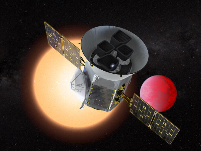 Ilustración del satélite de estudio de exoplanetas en tránsito (TESS) frente a un planeta de lava que orbita alrededor de su estrella anfitriona.  TESS identificará miles de posibles nuevos planetas para estudiar y observar.