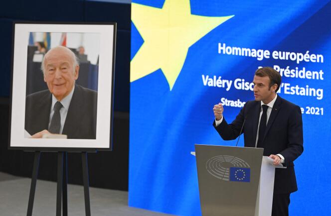 Emmanuel Macron during his tribute speech to the former French head of state Valéry Giscard d'Estaing, on the first anniversary of his death, at the European Parliament, in Strasbourg, on December 2, 2021.