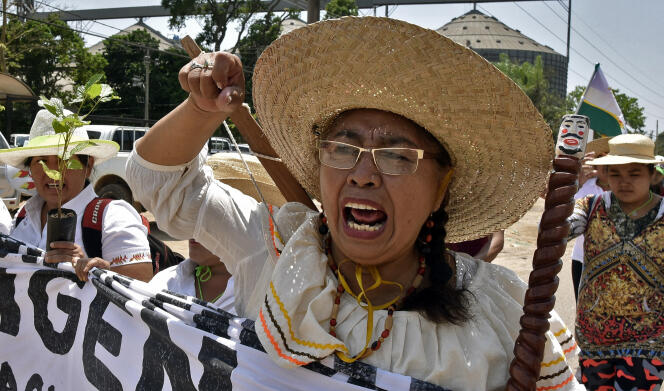 The indigenous march arrives in Santa Cruz, Bolivia, on October 16, 2019.