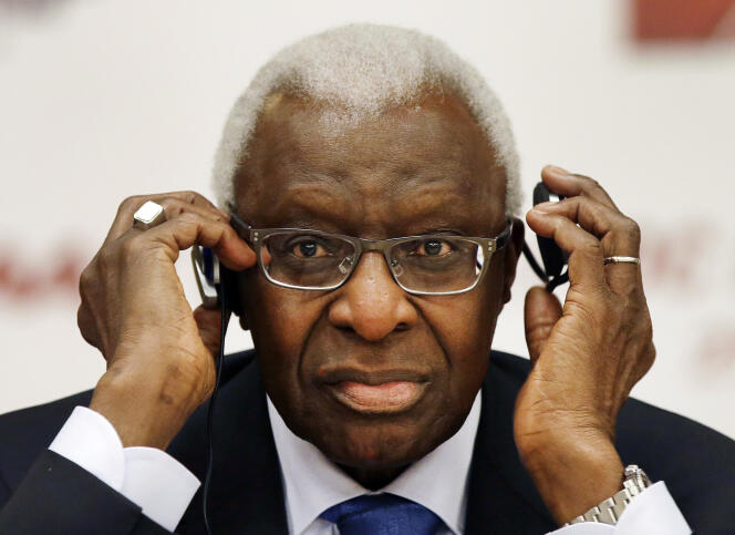 Lamine Diack, at a joint IOC-IAAF press conference in Beijing, at the site of the World Championships in Athletics, August 21, 2015.