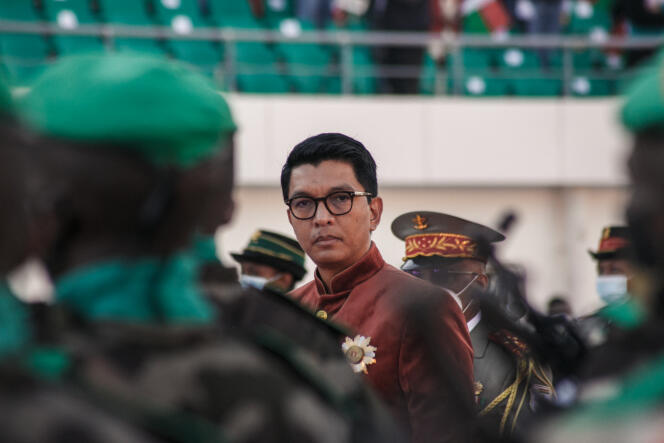 Madagascan President Andry Rajoelina reviews troops during the Independence Day celebration in Antananarivo, June 26, 2021.