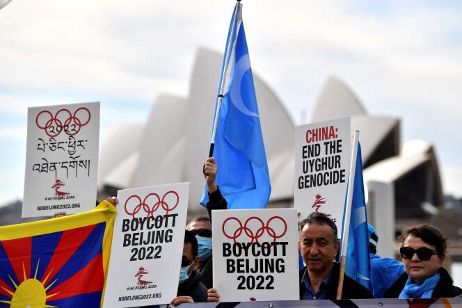 Protest przeciwko Zimowym Igrzyskom Olimpijskim w Pekinie, które odbędą się w lutym 2022 r. w Sydney 23 czerwca 2021 r.