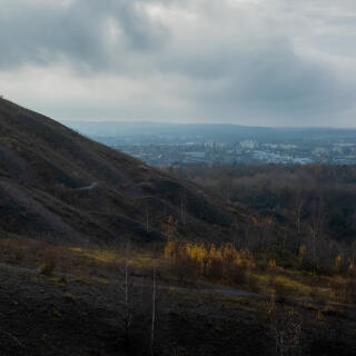 Loos-en-Gohelle, le 6 décembre 2021. Arrivée sur le plateau (les terrils jumaux sont reliés par un plateau).
Vue panoramique à droite un une partie d'un des terrils jumaux.