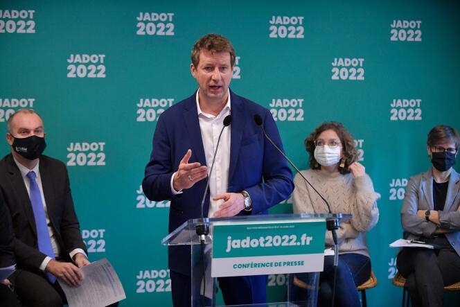 Yannick Jadot, environmental candidate for the presidential election, presents his counter-project for the French presidency of the European Union to the press, Wednesday, December 8, from his campaign headquarters in Paris.