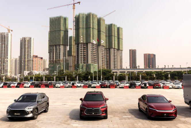 Three electric cars in front of the BYD factory in Shenzen, Guandong province, China on November 17, 2021.
