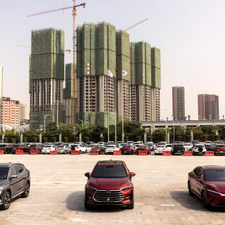 Three eletric cars displayed at the entrance of BYD factory in Shenzhen, Guangdong Province, China on November 17th 2021