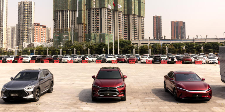 Three eletric cars displayed at the entrance of BYD factory in Shenzhen, Guangdong Province, China on November 17th 2021