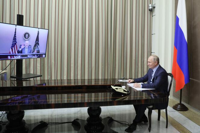 Russian President Vladimir Putin during a video interview with US President Joe Biden on December 7, 2021 in Sochi, Russia.