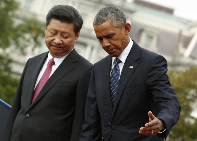 L’ancien président des Etats-Unis Barack Obama accueille son homologue chinois Xi Jinping à la Maison Blanche, à Washington, le 25 septembre 2015.