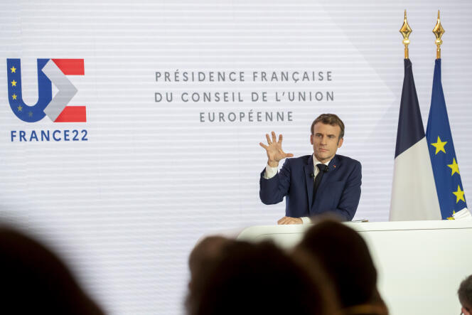 Le chef de l’Etat, Emmanuel Macron, donne sa conférence de presse de présentation de la présidence française du Conseil de l’Union européenne, au Palais de l’Elysée, à Paris, jeudi 9 décembre 2021.