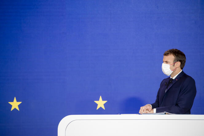 Emmanuel Macron, President of the Republic, gives his press conference to present the French presidency of the Council of the European Union from the Elysee Palace in Paris on December 9, 2021.