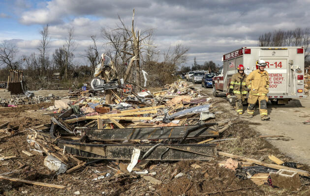 Firefighters are still trying to rescue victims from the wreckage in Bremen, Kentucky, on December 11, 2021.