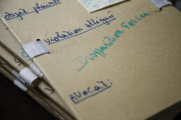 Folders containing the case info of victims of suspected human rights abuses at Mali's National Human Rights Commission (CNDH) in Bamako, Mali on December 10, 2021.