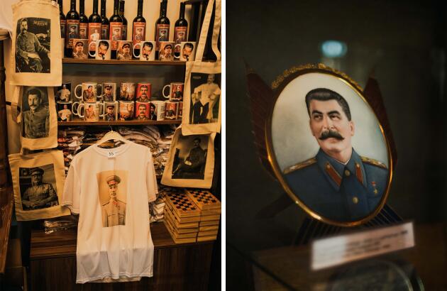 A gauche, la boutique du Musée Staline à Gori, en Géorgie. A droite, détail de la salle réservée à la présentation des cadeaux offerts à Joseph Staline par des délagtions étrangères.