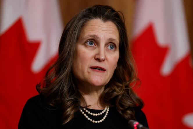 Canada's Deputy Prime Minister and Minister of Finance Chrystia Freeland speaks about the envelope for Indigenous communities at a press conference in Ottawa on December 13, 2021.