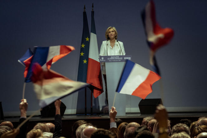 Valérie Pécresse, la candidate des Républicains à l’élection présidentielle, lors de son premier discours, à la Mutualité (Paris), le 11 décembre 2021.