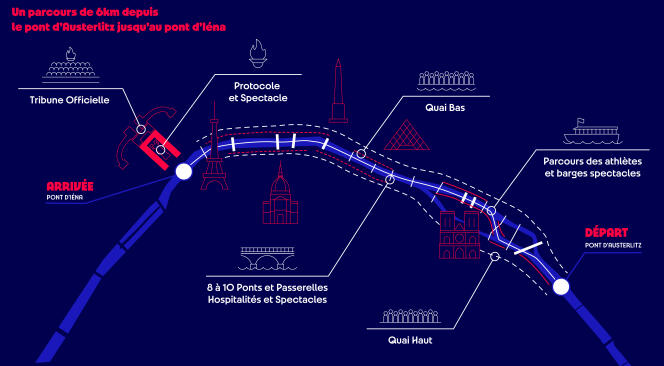 Le parcours sur la Seine de la cérémonie d’ouverture des JO 2024, à Paris.