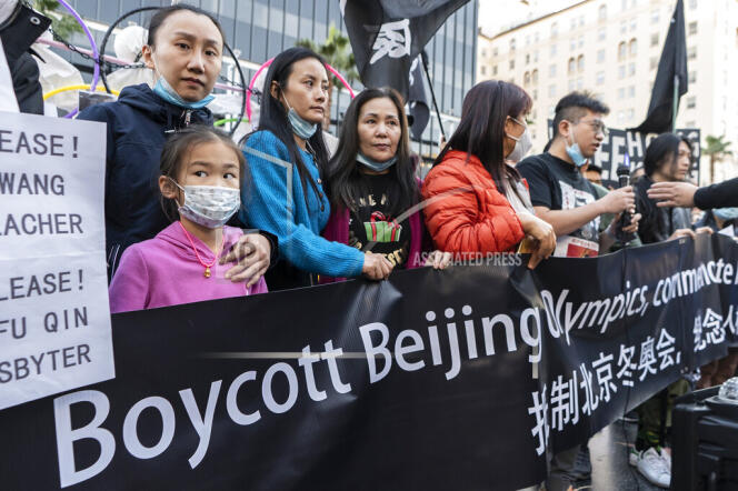 Demonstration against the holding of the Olympic Winter Games in Beijing, in support of the Uighurs, in front of the Chinese Theater, in Los Angeles, on December 10, 2021.