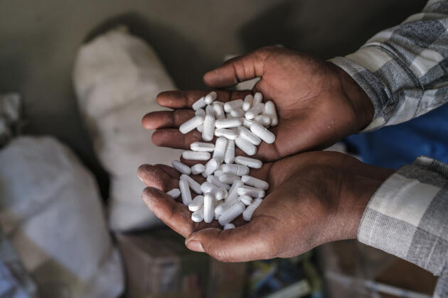 Un technicien de laboratoire montre des médicaments dans un entrepôt pillé par les forces tigréennes au sein du centre de soins de Shewa Robit, en Ethiopie, le 9 décembre 2021.