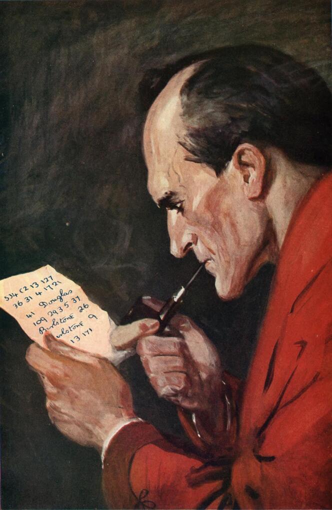 Sherlock Holmes décrypte le message chiffré transmis par Porlock, un de ses agents infiltrés auprès du professeur Moriarty. Illustration de « La Vallée de la peur », roman publié dans « The Strand Magazine »