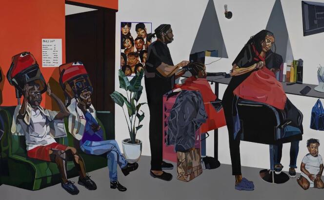 « Five more minutes », peinture de Joy Labinjo (2021) exposée dans la station de métro Brixton à Londres, dans le cadre de l’exposition « Art on the Underground ».